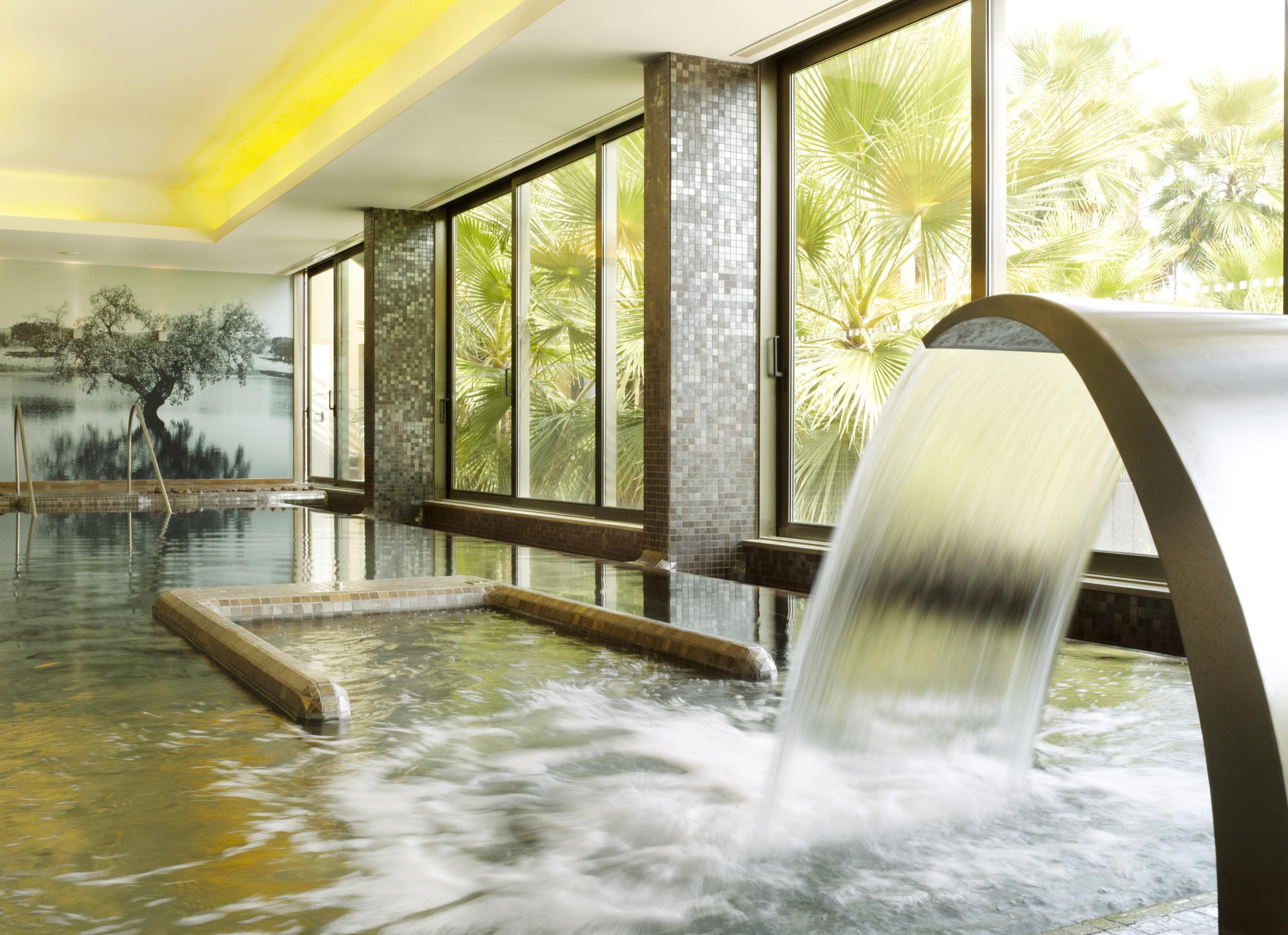 Ap Lago Montargil - Conference & Spa Luaran gambar The photo depicts a serene spa environment featuring a tranquil indoor pool area. There is a sleek, modern water feature that spills water gracefully into the pool. Large windows allow natural light to flood the space, showcasing views of lush greene
